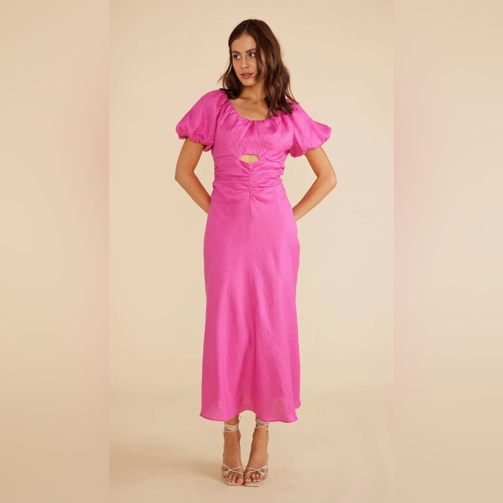 Mink Pink | Samara Midi Linen Dress in Pink Size XL